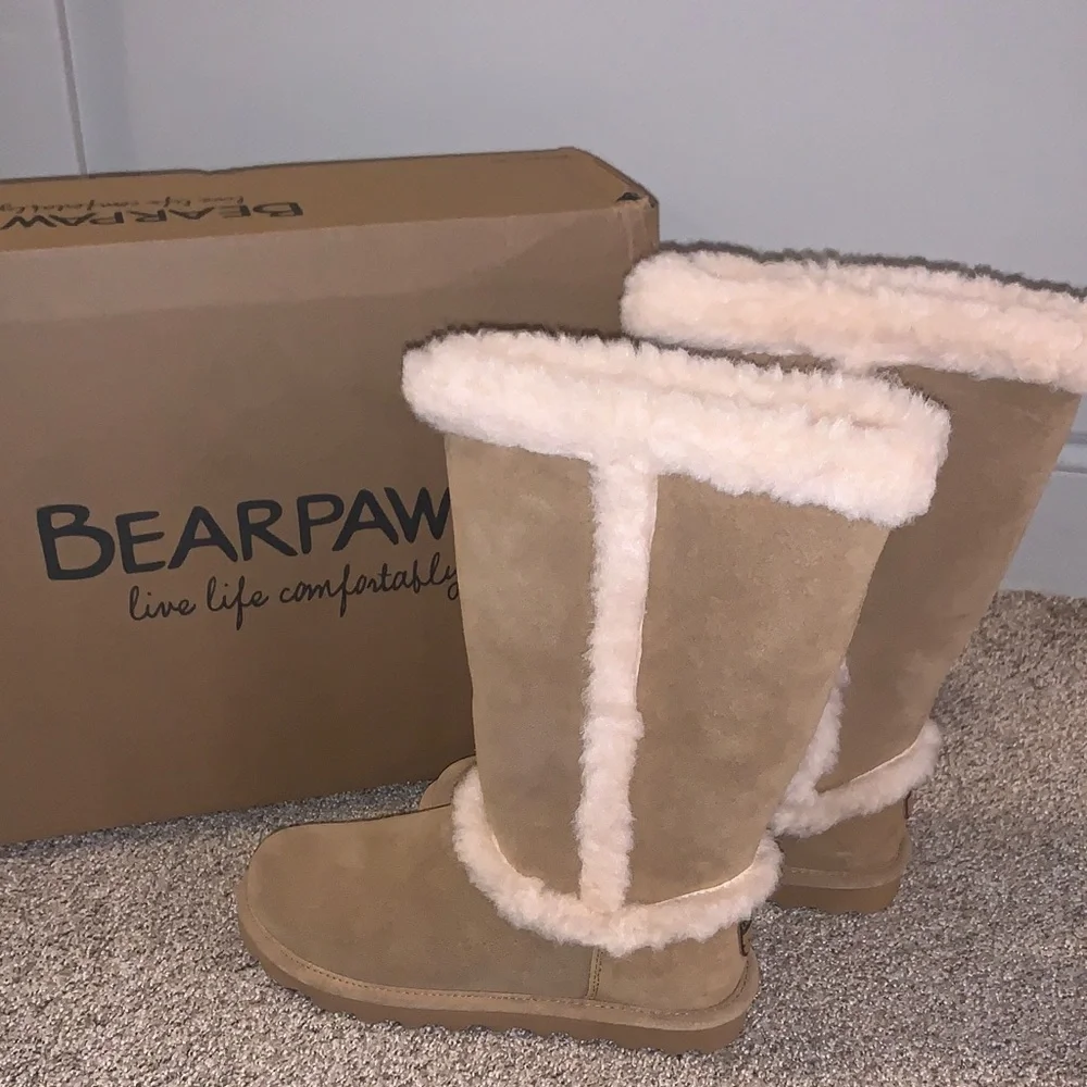 BearPaw Tall Winter Boots in Tan with Cream Shearling Trim